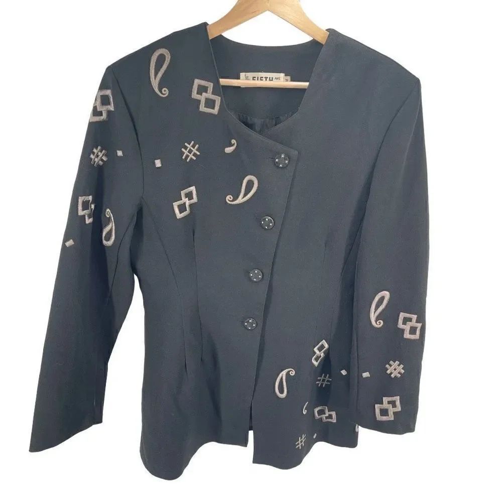 Fifth Avenue Vintage Womens Blazer Jacket Button Up Embroidered Black Medium